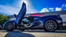 Phillip’s Chevrolet Corvette C8 from Texas upgraded with Vertical Doors, Inc. scissor and wing door conversion kit (VDCCHEVYCORC820), professionally installed in Lake Elsinore; Corvette C8 vertical doors upgrade showcasing full vertical opening Lambo-style doors