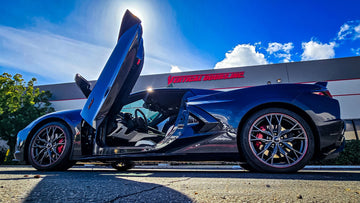 Phillip’s Chevrolet Corvette C8 from Texas upgraded with Vertical Doors, Inc. scissor and wing door conversion kit (VDCCHEVYCORC820), professionally installed in Lake Elsinore; Corvette C8 vertical doors upgrade showcasing full vertical opening Lambo-style doors
